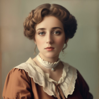 There is a woman with a brown dress and a white collar, colorido 1 9 0 4 foto, autochrome pearl portrait, Foto de uma mulher, uma foto colorida, inspired by Anna F�ssli, Retrato de Lumastina Celerraria, Leonora Karrington, Maria Panfilova, colorido, imagem retrato, Directed by: Anna F�ssli