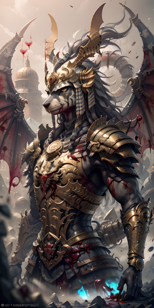 (Be covered in blood:1.8)There is a digital painting?The painting is of an animal with a golden head and horns, portrait of dragoon, mystical anubis valkyrie, hyperdetailed fantasy character, cyborg dragon portrait, sleipnir, photo of ghost of anubis, 4 k detail fantasy, trending on polycount, zbrush contest winner, painted in zbrush, ZBRUSH Central competition winner,