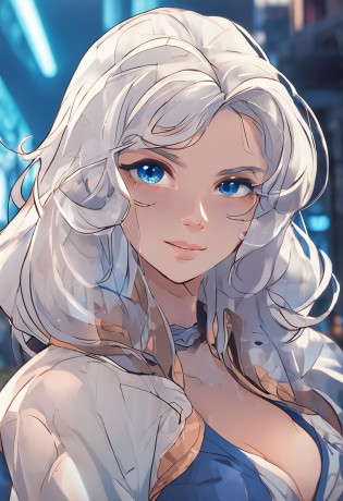 White hair, ssmile, libraryai, kosmos, anime big breast, Ray tracing, shadowing, Vignetting, hyper HD, Masterpiece, Best quality, 8K?blue color eyes?Retro?Peaceful demeanor