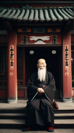 An old Taoist priest with a white beard wears a Taoist uniform?Sit in the Taoist temple?Face the lens?morden style