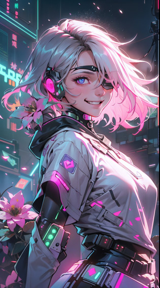 1male people?(a handsome man:1.3)?(Man 6 feet tall)?(confident grin:1.2)?Short hair?(an eye patch)?Toned body?muscular male?(confident grin:1.2)?(30-years old)?(White hair)?(have military weapons all over their bodies,,)?(Top image quality)?(8K picture quality)?(cyberpunked)?(masutepiece)?(Shining Chinese traditional costume with hood)?(confident grin:1.2)?(Full body photo)?(An excessive amount of glowing flowers fly:1.5)?cinematric light, Cinema Shadow, Sharp Image, Extremely detailed, Volumetric, Bright sprites, particles effect, beautiful effects, Vivid colors, neons, (Pink neon light:1.5), Highly detailed image textures, detailed hairs, Detailed face, Detailed eyes, Full body photo, city?Dark hair?Sparkling red aura?beautiful effects, Vivid colors, Highly detailed image textures, detailed hairs, Detailed eyes,(Cyberpunk cityscape:1.5)?