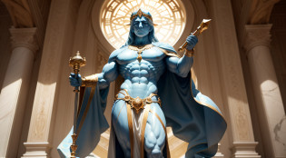 Vividly describe an imposing and muscular Greek God, carved from colored marble to enhance its divinity and grandeur. The statue represents the strength and majesty of the ancient gods, emanating an imposing presence that dominates the surrounding environment.

Com uma altura de 2,7 metros, a figura divina ergue-se sobre um pedestal esculpido com detalhes intricados, that echo classical architecture. The colorful marble, cuidadosamente escolhido, composes a range of shades, incluindo branco, azul profundo e dourado, Giving a heavenly aura to the statue.

The body of the God is sculpted with incredible details, the powerful muscles revealing superhuman strength. Seus ombros largos e peito esculpido destacam-se com a habilidade do artista em capturar a anatomia perfeita. Muscular arms descend toward outstretched hands, prontas para comandar ou proteger.

The divine face is a combination of beauty and severity. Olhos intensos, carved with precision, parecem penetrar a alma de quem os observa. Sobrancelhas arqueadas emolduram olhos que exibem uma sabedoria milenar. The expression is serene, but carries a sense of authority reminiscent of his divine nature.

The God wears a tunic carved with flowing lines that curve around his limbs, creating a sense of static movement. The tunic is decorated with golden details that contrast with the deep blue marble, adding a dimension of opulence.

His right hand holds a scepter with an intricate detail on top, symbolizing his dominion over the divine spheres. on his left hand, He holds a characteristic symbol of his power, como um raio, um escudo ou um tridente, depending on the identity of the God you choose.

The statue is positioned in a sacred space, illuminated by a soft light that highlights the contrasts and nuances of marble's colors. The imposing aura of the divine figure is intensified by the classical pillars that surround it.