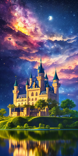 ((castle on a floating island)), under the island water reflection, water reflection the four seasons of the year, four seasons, magical colors and atmosphere, stellar sky with nebula, surreal colors, beautiful backgrounds, composition in water reflection, magic colors and atmosphere, vibrant atmospheric colors
