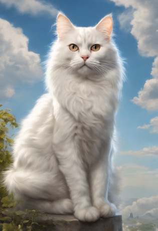 There is a white cat sitting on the grass looking up at the sky, white hairs, Branco ( Gato ) garota, albino mystic, an afghan male type, Gato Branco, gato persa, young handsome pale roma, cat female with a whit and chest, uma pintura de prata branca, awesome cat, gato ragdoll, cabelos brancos semelhantes a nuvens, gato angelical, gato anjo, golden areola on the ba�a, areola like that of an angel, fundo simples, sem fundo, estilo cartoon, estilo pintura oleo, estilo desenho.[