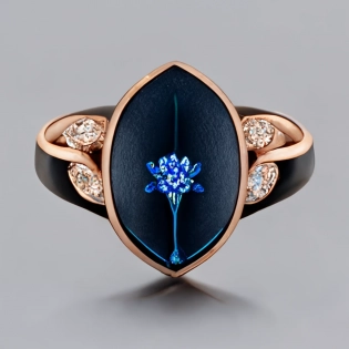 Jewelry design, a ring with bright rose-cut blue diamonds, surrounded by small lily-of-the-valley flower-shaped diamonds, golden stems form the ring of the ring. The center of the base is a beautiful rose gold, with a detachable black ring on both sides. --uplight