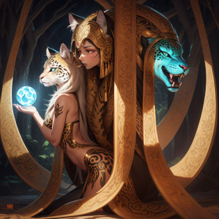 A slender beautiful girl with the image of cougaratcha
Surrealism, cinematic lighting, UHD, textured skin, super detail, high details, best quality, 8k
female?a beauty girl?Mystical?Fictional creatures
sideways,
serious, 
Dynamism?
Mayan Civilization Lore
A being that combines the characteristics of a jaguar and a snake
Mysterious creatures
Symbol of majesty and power
Playing a symbolic role
Mythology and religion and association
Part of the sacred ritual

Cougaratcha?A mysterious creature that appears in Mayan lore?Known as a combination of jaguar and snake characteristics?This creature is?It has a form that combines the wild power of the jaguar with the mysterious symbolism of the serpent.?Depicted as a symbol of majesty and power?

In the Mayan civilization?Cougaraccia plays an important role in mythological and religious contexts.?May have been worshipped as an object of sacred rites or worship?The jaguar is revered as a powerful animal in the Mayan civilization.?The serpent also has a symbolic meaning in ancient cultures and religions?Therefore?Cougaratcha, which combines these characteristics,?It is considered an important symbol of the spiritual worldview and beliefs of the Mayan civilization?