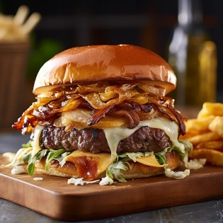 Create the ultimate burger experience with this prompt. Imagine a towering burger with perfectly grilled Angus beef, topped with melted aged cheddar cheese and crispy bacon, all sandwiched between two fluffy brioche buns. But we're not done yet - let's add some caramelized onions, vine-ripened tomato slices, crisp lettuce, and a tangy garlic aioli sauce to really take this burger to the next level. And don't forget to serve it with a side of crispy fries and a cold drink. Your customers won't be able to resist this delicious and mouth-watering burger creation --v 5. 1 --no text --s 750 --q 2