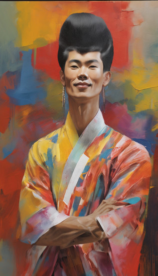 ((Yukata)),Freddie Mercury?kindly smile?jpn?veranda?wind chime?(1male people, Solo:1.6),(Best Impact:1.5), (maximalism:1.7),Vivid contrast, (Realistic), hyperrealistic illustrations, hight resolution, ultra-detailliert, absurderes,(Fractal Art:1.3)?Random hairstyle?Random hair color colorful?FULL BODYSHOT?Retro?Precise focus?randome pose?cinema4d?Drama