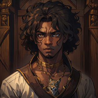 a young black man he has a determined look and voluminous curly hair curly beautiful curly hair highlight in this image a true African art exalting black beauty this man is beautiful and also has the essence of a lynx create lynx ears in this man as a hybrid between lynx and beastly leave the essence of lynx in the image also depicting the connection of the animal with man an illustration for an RPG, uma arte medieval, He's in a dark wooden room with little light, iluminada por tochas, luz baixa, Exotic warm colors in a mysterious and sexy theme, uma arte de bardo medieval, RPG, Arte de RPG, Arte medieval, arte de RPG medieval, uma arte expressiva, arte conceitual
