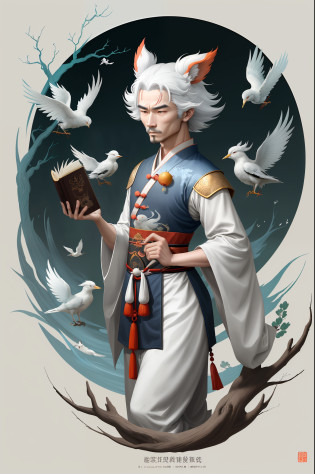 A mysterious and noble Bai Ze man holding a book, with white animal ears and white tail, natural harmony, Bai Ze in Chinese mythology, Fuxi, inspired by Shunk?sai Hokushu, in the artistic style of mohrbacher, small fish frolicking, birds dancing, inspired by Ry?k?sai Jokei, style Peter Morbach