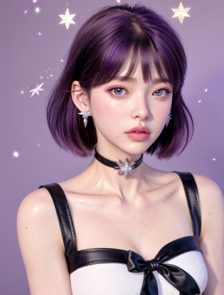 Digital 3D, 1girl, solo, jewelry, sailor senshi uniform, sailor collar, short hair, choker, sailor saturn, purple eyes, tomoe hotaru, earrings, magical girl, upper body, purple hair, brooch, star choker, bow, purple background, lips, star (symbol), purple sailor collar, looking at viewer, realistic, circlet, collarbone, nose, star brooch