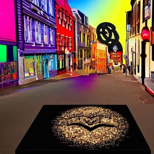 Vantablack extremely photographic sequins everywhere illustration in the style of Loony Tunes of Dunedin New Zealand, sequence of Small Downtown Street, City Street full of sequins, Scottish Heritage, Vanatblack sky, Celtic Town, Photographic, [ Color Grading, White Balance, Full-HD, Rim Lighting, Cinematic Lighting, Shadows, Chromatic Aberration, FXAA, ]