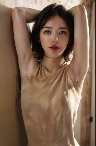 ((Pose showing underarmpits?high-detail?A hyper-realistic?Armpit Pose?Armpit?Detailed armpit wrinkles?realisitic), (illustratio), (highly accurate(A hyper-realistic), (illustratio), (high-detail), (8K), (high-detail), (The best illustrations?red lipsticks), (beatiful detailed eyes), (top-quality), (ultra-detailliert), (Master masterpiece), (wall-paper), (????),full of sweat,Upper Body Up,hairarmpits,short-haired,One girl in a turtleneck sleeveless sweater, japanes, Lower breast, (camel's toe)