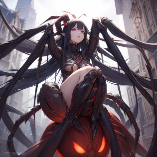 Anime - style rendering of woman growing on giant spider, spider, anime monster girl, spider, april rendering, spider legs big, spider, spider legs, spider man, spider avatar, half-human, half-spider, goddess of darkness with six arms, 6 claws, claws, 2 b, 2b, yokai, spider phobia, half anime girl, upper body human girl, monster girl, big spider, spider