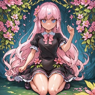 (best quality:1. 3), (masterpiece:1. 1), (illustration:1. 2), (ultra-detailed:1. 2), beautiful detailed eyes, (Extremely detailed background:1. 1), 1girl, solo, pink hair, blue eyes, light smile, black footwear , full body, hair ornament, hair flower, holding flower, wariza, <lora:bianca_trigger_v1:0. 75>, bianca_\(clinic of horrors\), sunlight, flower, flowers meadows,