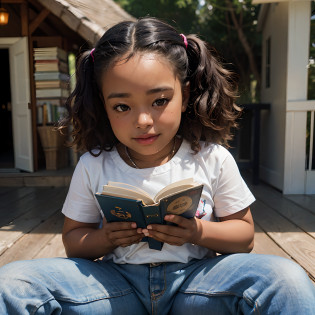 crafted girl sitting on a porch reading a book, village girl reading a book, closeup portrait shot, light-skinned African young girl, close-up portrait shot, medium portrait, reading the book about love, african american girl, detailed portrait shot, reading a new book, closeup portrait, reading a book, center focused, portrait shot, mid shot portrait