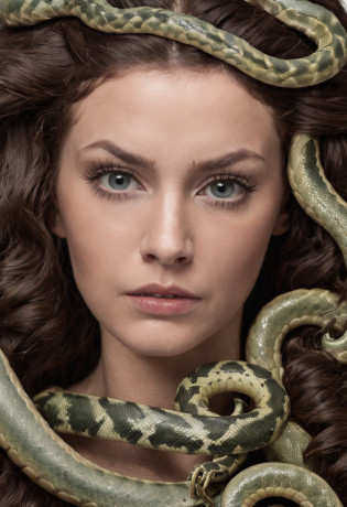 1 woman, Medusa, fierce, snakes as hair, young lady as Medusa, portrait of Medusa, wax figure of Medusa, portrait of young Medusa, dark portrait of Medusa, Medusa, hair made of snakes, very sad Medusa, Medusa head, Medusa portrait painting, Medusa made of soft wax, snakes in hair.