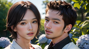 (They are male gay couple ), (head shot), (face only), (two male gay handsome muscular men in their 30s, red and blue hydrangeas blooming in a Japanese garden), short ash brown hair, They resemble Chris Redfield from Resident Evil, mischievous smile, (small details: 1 in 1), natural muscles, hig quality, beautifull eyes, (Detailed face and eyes), (Face?: 1 / 2), noise, real pictures?... ..............PSD, Sharp focus, High resolution 8K, Realstic & Professional Photography, 8k UHD, Soft lighting, High quality, Film Grain, Fujifilm XT3
