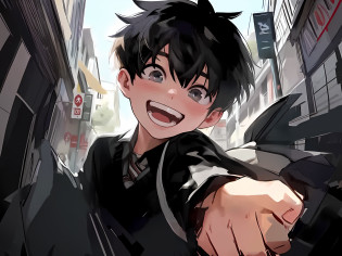 anime boy with black hair and a black jacket pointing at something, anime boy, [[[[grinning evily]]]], he is smiling, high quality anime artstyle, smileing nright, inspired by Okumura Togyu, anime moe artstyle, inspired by Okumura Masanobu, grinning lasciviously