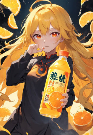Someone is holding a bottle of orange juice with a sticker, drink, made of drink, it has lemon skin texture, lemon demon, Wang Chen, energy drink, qiangshu, made of lava, daoshu, ? ? ? ?, Fire punch, komono, zmonzheng