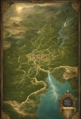 Mapa de um mundo de D&D com Floresta das Estrelas, Mountains of the Luminous Dragons, Lakes of the Aquatic Nymphs, Cidades das Fadas, Desert of the Enigmatic Sphinxes, Cavernas das Luzes das Fadas, Templos das Estrelas Cadentes, Vilas dos Gnomos da Terra, Ilha das Sereias, Unicorn Valleys, Templo do Tempo Eterno