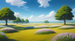 Realistic, authentic, beautiful and amazing landscape oil painting Studio Ghibli Hayao Miyazaki's petal grassland with blue sky and white clouds --v6