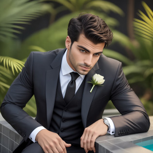 arafed man in a black suit sitting by a pool, handsome and elegant, handsome male, attractive man, handsome man, portrait shot, man in black suit, attractive male, handsome and attractive, attractive and good looking, beautiful young man, male model, wearing black suit, well-groomed model, wearing a black suit, profile shot, suit ? perfect face --auto --s2