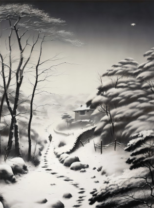 Image of Alphad of a man walking on a snowy road, inspired by Franz Sedlacek, author?Shen Shizhen, korean artist, author?Yi Renwen, inspired by Yeong-Hao Han, inspired by Grzegorz Domaradzki, inspired by Kim Hong-do, inspired by Byeon Sang-byeok, inspired by Huang Binhong