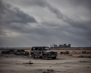 (photo) of landscape that is desolate and barren with rubble and debris littering the ground| [dark sky and the air is filled with the acrid scent of smoke and ash]| ((In the distance a ruins of a once-great city can be seen| buildings reduced to nothing more than twisted charred metal frames))| a vehicle loomed in the shadows| its metal exterior battered and rusted from years of neglect| tires are flat and the windshield was shattered