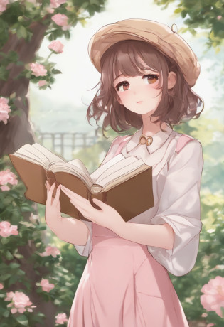 (Daisaku),(Need),(Super meticulous),(full bodyesbian:1.2),1girl,tchibi,adolable,Open-mouthed,ssmile,florals,exteriors,Hold the pen left and right?Hold a book in your right hand,Music,Pink berets,Manteau,black long pants,Blushlush,The tree,:3,The shirt,short detailed hair,SakuraNS,pink headwear,Blurred,brunette color hair,Blush stickers,longer sleeves,By bangs,Earphone,brunette color hair,pinkflower,(beautiful  detailed face),(???????),