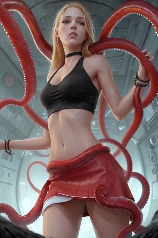 Cover art, Graphic novel front cover art, wide shot, full body, (flat black background:1. 2), mdjrny-v4 style, super hot, cute, sweet, innocent, Beautiful skinny teenage woman, perfect woman face, (shocked expression:1) (long blonde hair:1) (small bust:1) (inside creepy biological chamber:1. 3) (clean skin:1) (wearing a white-tank-top:1. 2) (Wearing a red skirt:1. 3) futuristic, backlighting, (red tentacles:1. 3), high resolution, ultra quality, a masterpiece, (intricate details:1), hyper-detailed, cinematic shot, Sharp focus, dynamic pose, hyperdetailed, full body, full head, perfect proportions, sharp clear, glossy lips, Hyper-Realistic, by HR Giger, Greg Rutkowski,