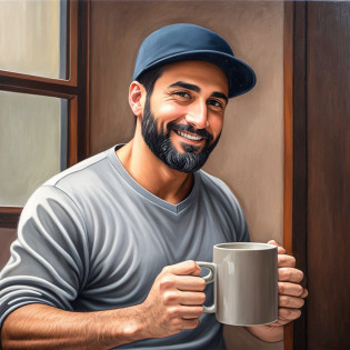 in oil painting, 28-year-old man, wearing a gray cap on his head, with a short beard, dark beard, focused gaze, look down, the man has small eyes, the man has thick lips, the man has a medium-sized nose, the man wears brown clothes, the man is holding a mug, the man's expression is happy,  he's smiling, this mug is brown, this mug has coffee, it's coming out of the coffee, the man is near a window, it's raining out the window, there's only one person in the picture, --auto --s2