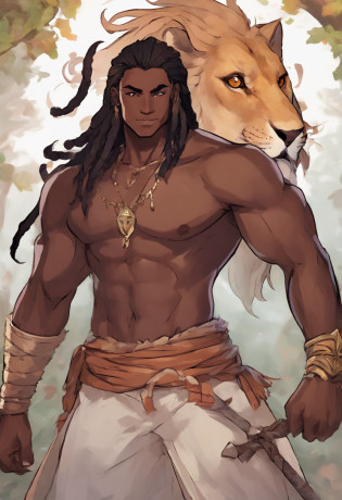 dark skin teenage man, handsome, thick black dreadlock hair, brown eyes, slender, strong, spearman, handsome, anime, lion ears and tail, demon slayer artstyle