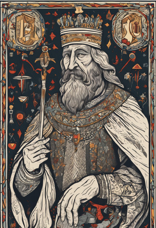 Cartoon close-up of a man with a crown on his head, rasputin as grubhub character, Richard IV of the Romans, Old kings of the Middle Ages, Inspired by Jean Fouquet, Inspired by Pietro Lorenzetti, Portrait of an old king in the Middle Ages, Richard King Lionheart, Inspired by Artune Sultan, Paintings of Samarkand