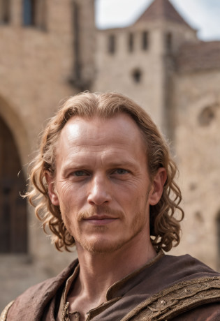 Portrait Photography, face shot of a mix between Cole Hauser and Paul Bettany as a medieval fantasy 40 year-old man, revolting looks, mid-length blondish curly hair, slim, clean-shaven, friendly expression, wide smile, medieval fantasy nice commoner clothes, in a medieval fantasy city, The colors are masterfully captured by Nikon D850 and a Nikon AF-S NIKKOR 70-200mm f/2.8E FL ED VR lens, Peter Jackson, fantasy, historical