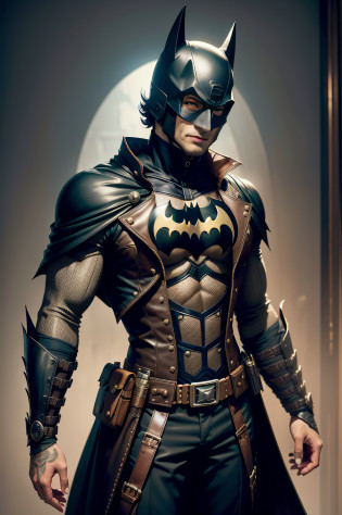 Steampunk, Batman, Batman em estilo steampunk, vestido com roupa steampunk, roupa do Batman com visual steampunk, Wearing the Batman mask, Mask with steampunk look, mask covering the upper part of the face, mascara Batman, capacete do Batman, helmet covering eyes and head, cabelos pretos, cabelos curtos, visual masculino, visual steampunk, Do filme Batman, Ryan Renolds como Batman, Batman, O Batman, Mecha do Batman, Batman com armas, Arkham, em Batman, detalhe realista, estilo realista, colorido, cinemactic, ultra real�stic, Very high detail, detailed facial features, fotorrealista, melhor qualidade, (8k), ambiente faroeste, full body, steampunk, masculino, forma masculina, Closed uniform with buttons, colete antigo, camisa antiga, Vintage, sobretudo antigo, corpo coberto, Body with male proportions, nineteenth century, era vitoriana