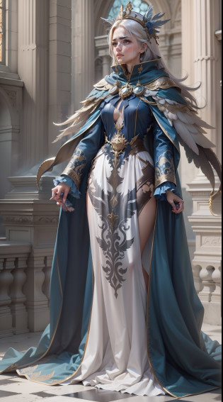 Jessica Green Gesicht, winged, Engel, ((Full-body CGInft)), Extrem detailliertes 8k-Hintergrundbild, kompliziert, detailreich, dramatisch, episch, Blondes helles Haar, the winged Albin queen wears very detailed shoulder pads made of black steel, which are modeled after the heads of dragons and are decorated with distinctive shimmering silver decorations and ornaments, a dark gray cape with velvet blue lining and a large hood, die tief in die anmutige, finsteres Gesicht, nur die Blauen Augen leuchten unter der Kapuze hervor, Es hat ein extrem detailliertes Grau/white feathered angel wings on the back, Rahmung sie schimmernd und anmutig , wahnsinnig realistischen Grafiken, wahnsinnig detaillierten Details, Ultrarealistisches und sehr detailliertes schwarzes, langes, figure-hugging royal dress, das bis zum Boden reicht, the long sleeves are decorated with shiny silver embellishments and pronounced gold embroidery and white lace on the hem and neckline of the dress, Extrem detaillierte, schwere schwarze Lederstiefel mit markanten silber schimmernden Verzierungen und Verzierungen, das Licht wird von den Verzierungen reflektiert, sie geht anmutig den Gang des Schlosses entlang, during the leisurely walk through the gloomy cathedral, Lichtkegel scheinen durch die hohen Fenster des Doms, auf ihrem Kleid, a blue rose blossom protrudes from her chest,