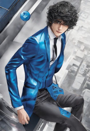 Young men?shinji?Blue latex coat?tightsuit?fully body photo?Muscular body