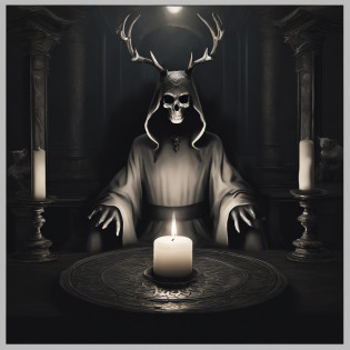 (best quality,4k,8k,highres,masterpiece:1.2),ultra-detailed,(realistic,photorealistic,photo-realistic:1.37),horror,dark,occult,gloomy,color scheme,night time,shadowy,gloomy,ominous atmosphere,A person wearing a deer skull on their head,black robe,candle,burning, flickering light,satanic alter,creepy,dark magic,vivid colors,surrealistic,moonlight,shadows dancing,haunting,spooky aesthetic,ethereal,mysterious figure,ancient ritual,demonic presence,foreboding,menacing,macabre,occult symbols,cryptic writings,mystical,misty atmosphere,pale moonlight,gothic elements,ominous shadows,ghostly,ominous candles,whispering shadows,foreboding darkness,spellbinding,unearthly,unsettling energy,thick darkness,enchanted scenery,total darkness,forbidden rituals,lit by the candlelight,supernatural energies,esoteric knowledge,nightmare-like,hauntingly beautiful,cloaked figure,hooded,mesmerizing,hidden secrets,esoteric meanings,confounding,encrypting,key to the unknown,nightmarish,dark aura,unveiling the shadowy truth,strange and otherworldly,dark glamour,peculiar and eerie ambiance,sinister figure,silent,grim,ancient mysticism,otherworldly presence,ominous atmosphere,casting eerie shadows,dark enchantments,diabolical,cloaked in darkness.