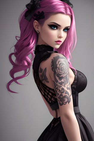 1girk, ultra detailed digital art ,makeup, goth, dress, tattoos, hairstyle ,
realistic eyes, 3d model, doll, lips, makeup, dramatic,
splash of pink paint on body,
([Keira Knightley|Adriana Lima|Jennifer Garner]:0.8),
trending on artstation, sharp focus, perfect composition, concept art,
8k, studio photo, ethereal colors background, volumetric lighting, light studio, vibrant,  big breasts,, 1girk, ultra detailed digital art ,makeup, goth, dress, tattoos, hairstyle ,
realistic eyes, 3d model, doll, lips, makeup, dramatic,
Negative prompt: lowres, low quality, poorly drawn, blurry, ugly, long face, old, duplicates, twins, 2girls, lowres, low quality, long neck, extra limbs, text, signature, artist name, drawing, bad anatomy, poorly drawn, malformed, deformed,, lowres, low quality, poorly drawn, blurry, ugly, long face, old, duplicates, twins, 2girls, lowres, low quality, long neck, extra limbs, text, signature, artist name, drawing, bad anatomy, poorly drawn, malformed, deformed,
ENSD: 31337, Size: 512x960, Seed: 1153461641, Model: Babes_2.0_Babes_2.0, Steps: 30, Sampler: DPM++ 2M Karras, CFG scale: 6, Model hash: 65cf944caa, Hires steps: 16, Hires upscale: 2.6, Hires upscaler: 4x-UltraSharp, Denoising strength: 0.39 --auto