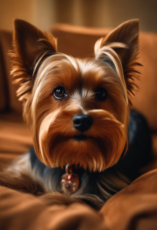 Make a Yorkshire Terrier Dog, denro de uma casa, deitado em sua casa, pousando para uma foto. esta imagem deve transmitir ternura