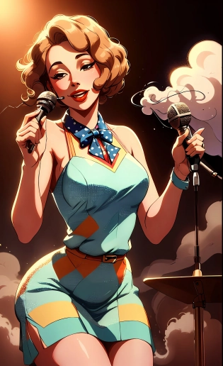 ((A charming girl)) from the 1940s, dressed in a vintage jazz era outfit, performing on stage as a jazz vocalist -> | (Dynamic performance, classic microphone, smoke in the background).