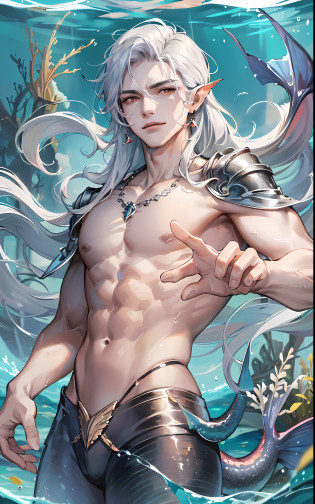 man, masculine, masculine face, attractive, muscular, (((1man))), masterpiece, absurdres, best quality ,intricate details , (shiny skin, shiny body, shiny oily luster skin, shiny hair, pale skintone), Sundown, attractive, ((muscular)), adult, one, earrings, Don't look at the view , Not looking at the view, silver hair, braided hair, perfect detailed face, perfect detailed hands, triton, fins, red eyes, triton ears, ((portait)), smirk, marine sea ornaments, ((in the water)), open chest, ((mermaid tail)), no legs, ((diving underwater)), under the sea, fishes, masculine features, masculine face