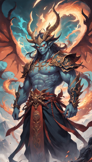 tmasterpiece?best qualtiy???????Detailed details?A picture of a demon with a sword?beautiful male god of death??????mohrbacher?inspired by Shunk?sai Hokush??in the artistic style of mohrbacher?asura from chinese myth?the god of chaos?Inspired by Ry?k?sai Jokei?in style of peter mohrbacher