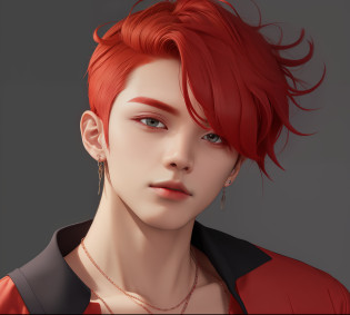 dark grey background, Model photo, Black and white summer clothes Korean fashion, Alafed image of man with necklace and earrings, Detailed shorthair, red hairs, inspired by Sim Sa-jeong, ( ( 3 d render ) ), Red hair, shorth hair, Cool Pose, Professional Photos, Glaring expression, There is a mole under the left eye, Androgynous prince
