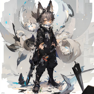 Furry furry: 1.3 solo animal ears furry male full body fur, fluffy tail, gray-black fur, brown eyes, gray hair 1.2), long canine anime style gray-black wolf 
  Battle-trained Holding a long-bladed weapon with symmetrical ends Background Silent Forest Junior Junior