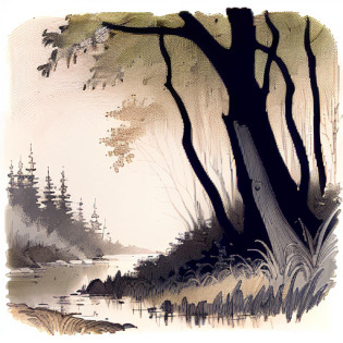 (((Line art in natural colours))) A full-colour drawing of a small distant pinprick of light low among the trees in a dark swamp on a dark and (((moonless))) night, line art in natural colours, (full colour line art:1.5), by Rebecca Guay, by Abigail Larson, masterpiece, extremely high details, dark, mystery, suspense