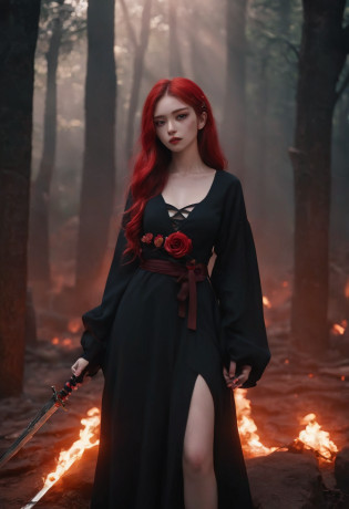 analogue photography, Grain Film, Vintage photo, portra 400, The Flash, Lo-Fi aesthetics:: 1girl, ??, red hair, two-tone dress, Black Dress, Red dress, Sleeping, temple, ancient goddess, (swords:1.6), a goddess, ?, fangs, music, Faceless, red eyes, A Blossoming Heart, tall towers, ((Traces)), Sleeps, for sixteen thousand years, (Two-color fire), Pink Fire, red fire, (Cartoon Fire:1.5), Corpses, desert, avatar, Beautiful, stylish, commands attention, unique, aesthetic, Drama, dramatic, vibe, atmospheric, illumination, hard lighting, ??, ??, ?, ?, ?, A gloomy place, darkly, Curls, emo, black lipstick, two tone hair, Gradient hair, Spessartine gradient, Spessartine hair gradient, (Luminous spessartine:1.5), extra very long hair, curly hair, fluffy dress, Long Dress, Very short skirt, bare footed, shoulder-high, Bloody roses, Broken crown, (Dimmer:1.6), (Detailer:0.5), Halo, ((glowing halo))