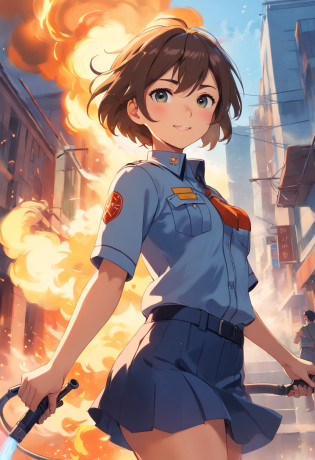 (best quality,ultra-detailed),1 girl, firefighter, wearing firefighter uniform, female, miniskirt, beautiful detailed eyes, beautiful detailed lips, smile, intense expression, confident, standing tall, fire hose in hand, flames in the background, dynamic pose, golden sunlight, dramatic lighting, strong and vibrant colors, action-packed scene, smoke, sparks flying, heroic, brave, determined, powerful, high-resolution texture, realistic style, digital painting, cinematic, captivating, adrenaline rush