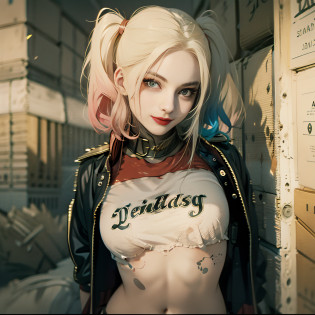 Harley Quinn from Suicide Squad 2016,1Menina , Peitos grandes, bunda grande, vestido de corpo inteiro, peituda, corpo magro, short hair, Olhos Sexy, vista de frente, Looking at the Viewer, 8k, alta qualidade , olhos altamente detalhados, cara longa, cyber realism, Olhos bonitos, Realistic, DSLR, Cabelos de alta qualidade, grosso, Inclinado, quarto , retrato, olhos perfeitos , cabelo sedoso, corpo magro, cabelo de um lado, Hot lips, Olhos do mesmo tamanho, rosto jovem, pernas altas, olhos altamente detalhados, corpo brilhante, Tatuagens, cabelo rosa, Olhos detalhados, Sardas, Olhos da mesma cor,